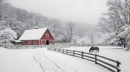 A horse is grazing in a snow-covered field next to a red barn