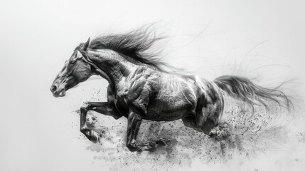 Fototapeta premium Powerful black horse galloping through a dusty grassland in a captivating monochrome image showcasing the raw energy strength and grace of this majestic animal in motion