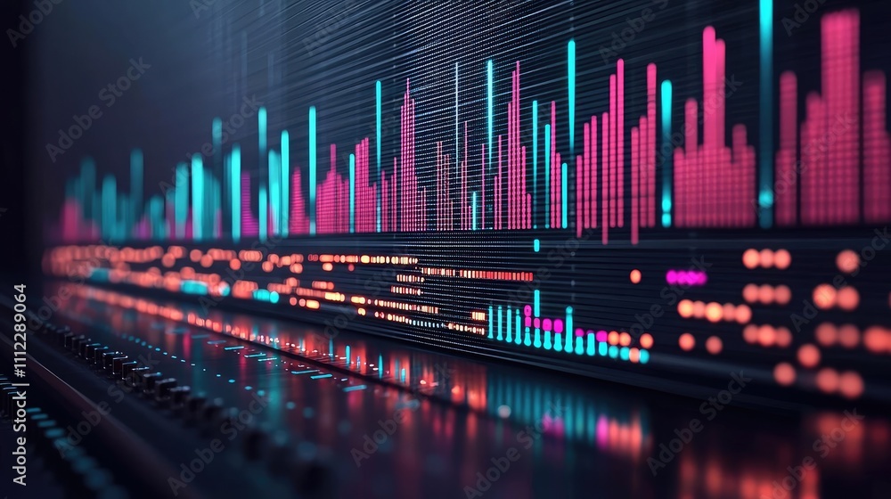 Poster colorful data visualization chart on digital screen, abstract representation.
