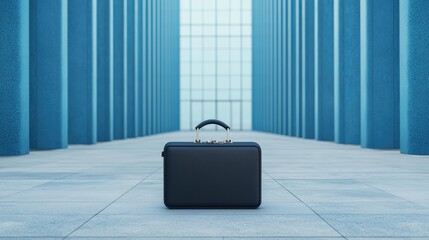 A sleek black briefcase stands alone on a stone surface, framed by tall blue columns, conveying a sense of professionalism and solitude in a modern setting.