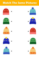 Find 2 same pictures worksheet for kids. Worksheet for kids kindergarten, preschool and school age. Education game for children with cute winter clothing illustration.