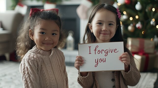 Two smiling girls hold a sign that says "I forgive you" in a cozy, festive setting with a Christmas tree and presents.