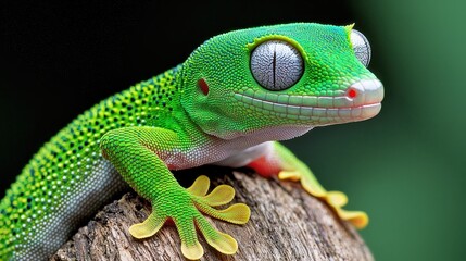 Fototapeta premium Colorful Green Gecko with Large Eyes Posing on a Natural Log in Nature