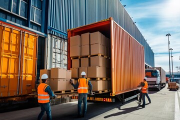 Workers engaged in loading boxes into a shipping container at the dockyard. Generative AI