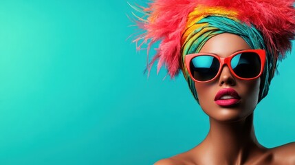 A vibrant portrait of a woman wearing colorful turban and striking sunglasses, exuding a sense of...