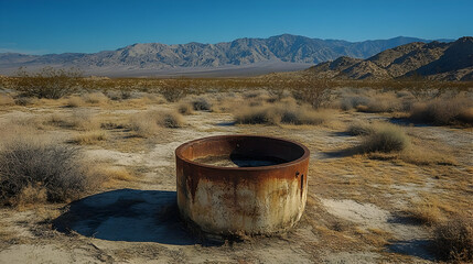 Rusty Tank in Desert Landscape:  Arid Beauty and Time's Passage