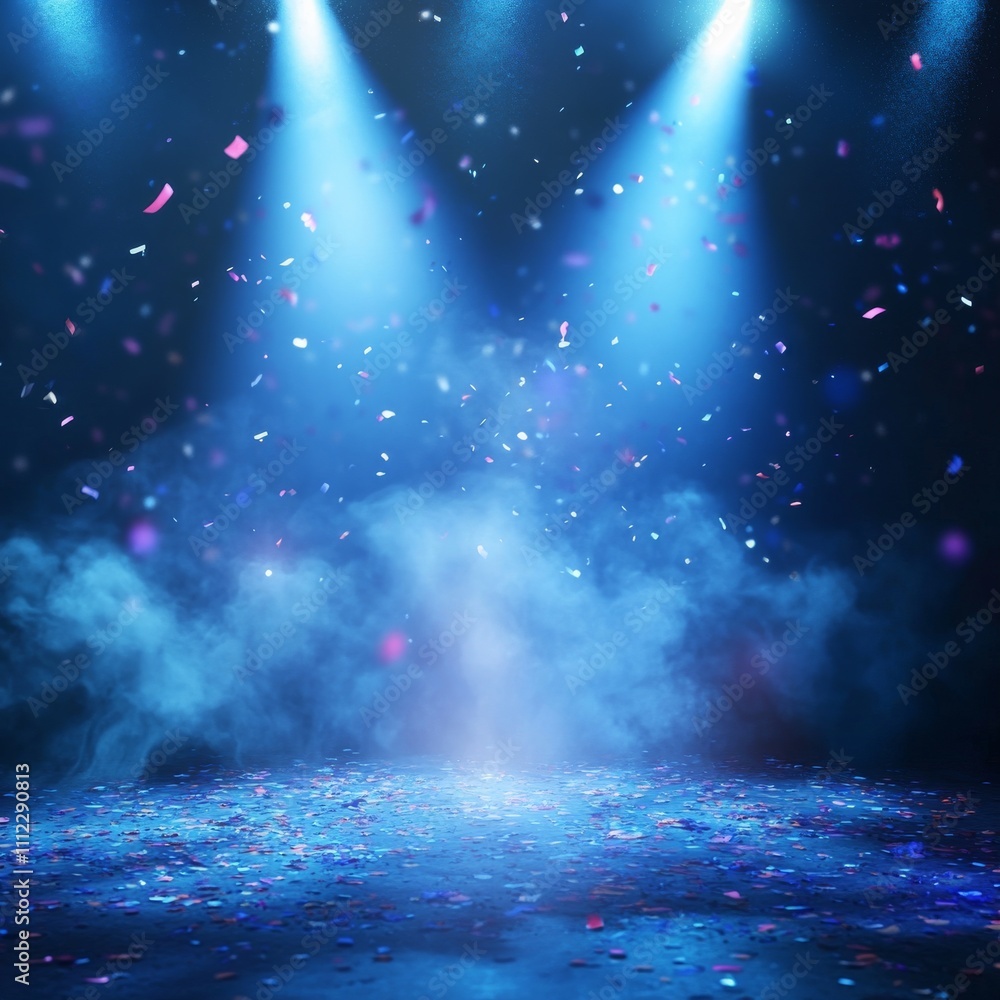 Poster empty background scene with spotlights and sparkling confetti. show stage backdrop with spotlight ef