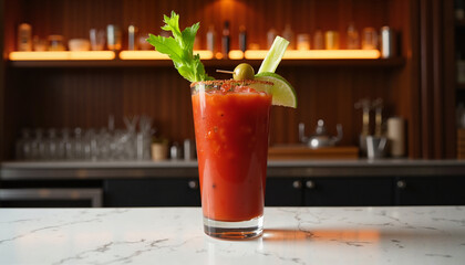 Bloody Mary cocktail with celery and olives set on a marble bar counter in a stylish restaurant