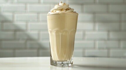 A delicious vanilla milkshake in a clear jug with a smooth, creamy appearance and a hint of vanilla bean, showcased on a white table against a bright white background