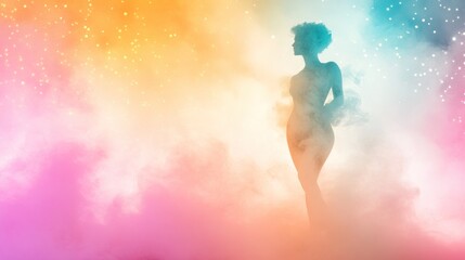 Naklejka premium Silhouette in colorful mist with starry background