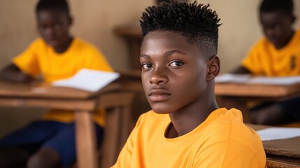 Fototapeta premium Focused Young Boy in Classroom Setting Wearing Bright Yellow Shirt, Engaged in Learning While Peers Work Diligently on Their Assignments in the Background