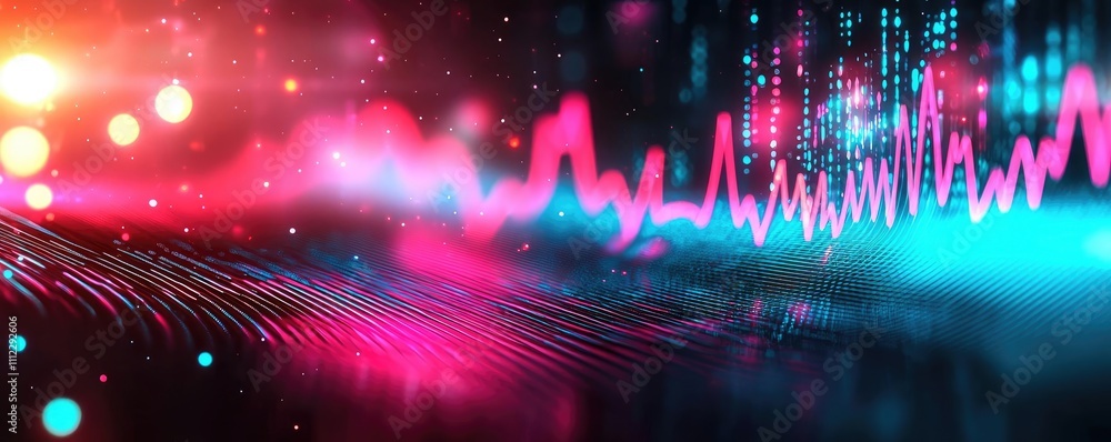 Poster abstract sound wave visual with vibrant colors on a dark background.