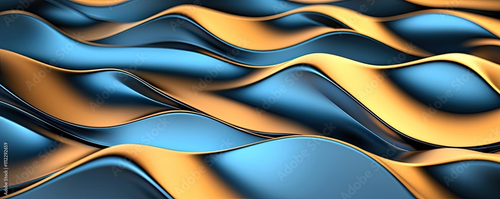 Poster abstract waves in blue and gold colors with smooth texture and flowing design.