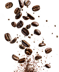 Coffee Beans Falling with Rich Aroma Isolated on a Transparent Background