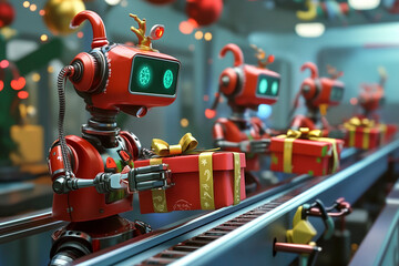 Robot Elves on an Assembly Line Wrapping High Tech Gifts