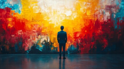 Man Observing Abstract Colorful Painting