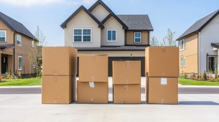 The image shows several large cardboard boxes arranged in front of a modern house, suggesting a moving or delivery scenario.