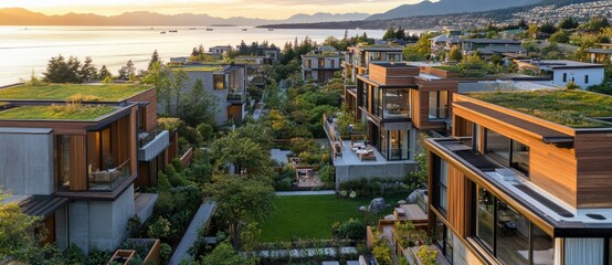 Obraz premium Modern Sustainable Architecture in Scenic Coastal Landscape with Lush Green Roofs and Scenic View of Mountains and Water at Sunset