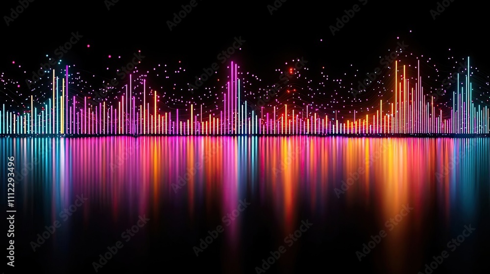 Poster colorful sound wave visualizations with reflections on black background.