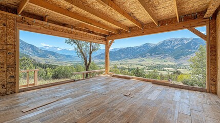 Scenic Mountain View from Modern Cabin Under Construction with Framing Exposed