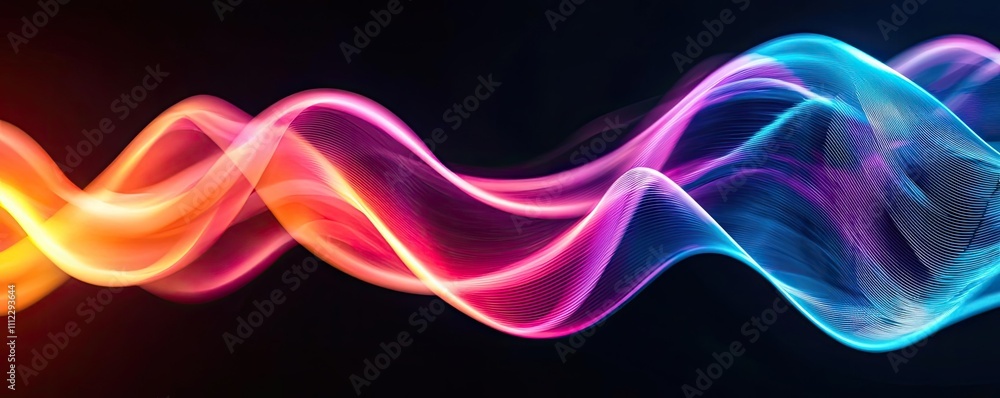 Poster colorful wave abstraction with dynamic light effects, black background.