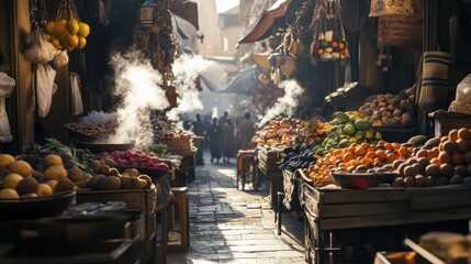 Naklejka premium Vibrant Marketplace with Fresh Produce and Steaming Baskets Amidst Lively Atmosphere in Historic City, Showcasing Colorful Fruits and Vegetables