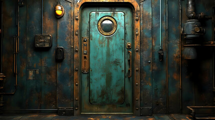 Fototapeta premium Rusty Teal Door: Exploring a Steampunk World