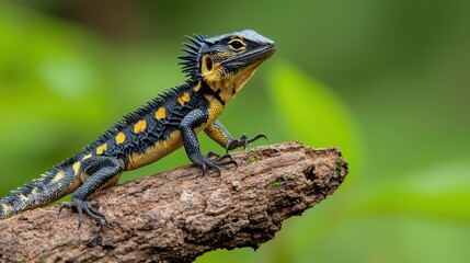 Vibrant Lizard with Spiky Crest Perched on Tree Branch in Natural Habitat