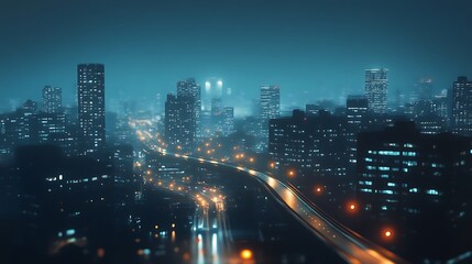 Fototapeta premium Vibrant Light Trails and Towering Urban Skyscrapers Creating Modern Night City Illustration