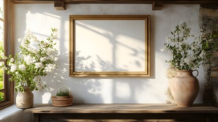 A rustic interior features white walls, gold frame, wooden beam ceiling, vintage window, farmhouse table, and terracotta vase in romantic countryside style.
