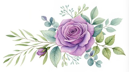 Watercolor purple rose with leaves, elegant floral design.