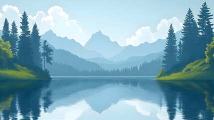 Fototapeta premium Serene Lake Reflects Majestic Mountains, Tranquil Forest