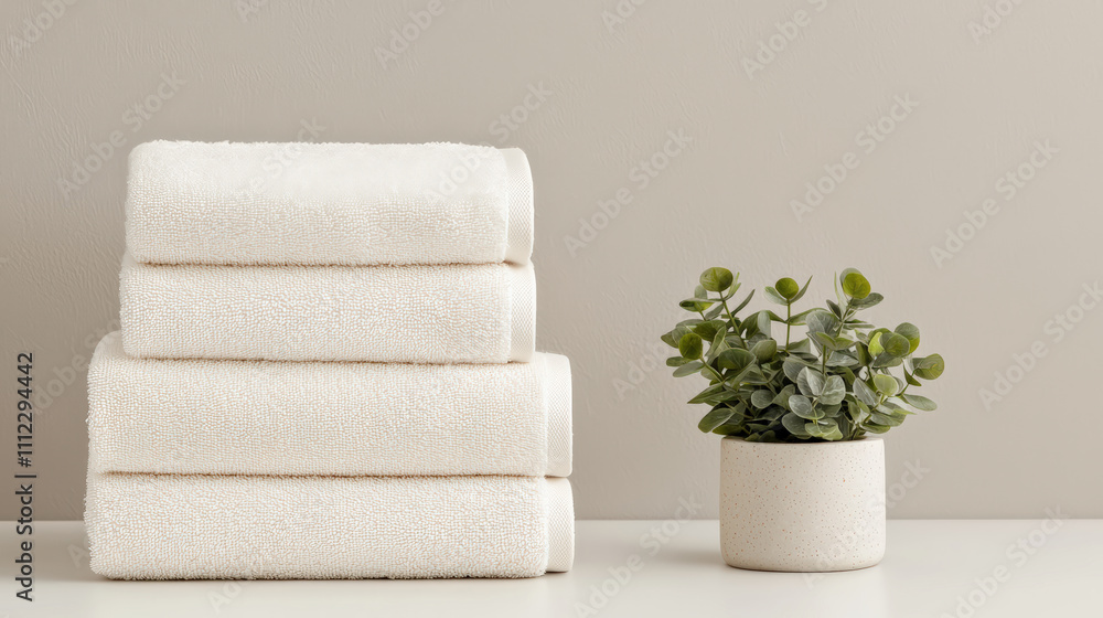 Poster Stack of fluffy white towels creating relaxing spa ambiance