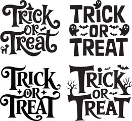 Halloween Trick or Treat Typography Design - Spooky, Pumpkin, Ghost, Witch Hat, Scary Quotes, and Bats Theme Vector.