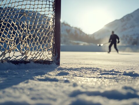 A picturesque outdoor hockey rink with a net in the foreground and a hockey player in the background. Sunlight and mountains