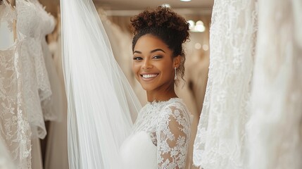 Bride smiling happily in a wedding dress shop