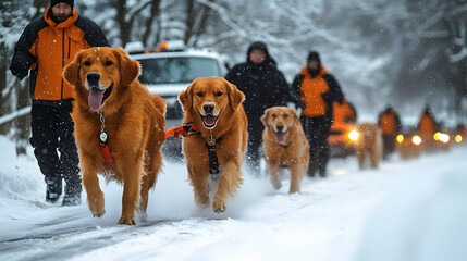 Golden Retrievers Run Joyfully in Winter Wonderland