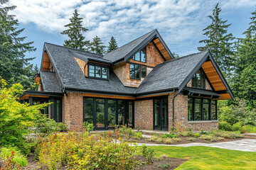 A rustic and modern home in Whidbey, Washington with an exterior featuring brick walls and wood shingle roof tiles. The house has large windows that bring natural light into the living space.