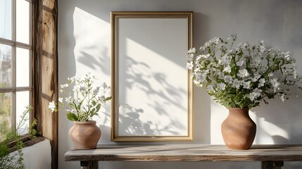 A rustic interior features white walls, gold frame, wooden beam ceiling, vintage window, farmhouse table, and terracotta vase in&nbsp;romantic countryside style.