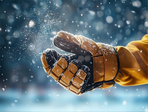 A hockey player's hand in a glove, covered in snow, with blurry snowflakes falling in the background. The glove is detailed.