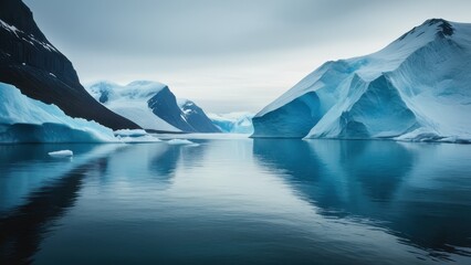 Majestic icebergs floating in a tranquil Arctic sea, surrounded by snow-covered mountains under a clear sky