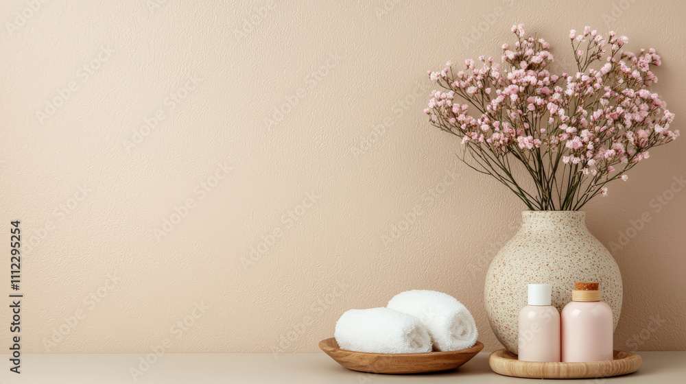 Poster wellness products creating relaxing atmosphere on neutral background