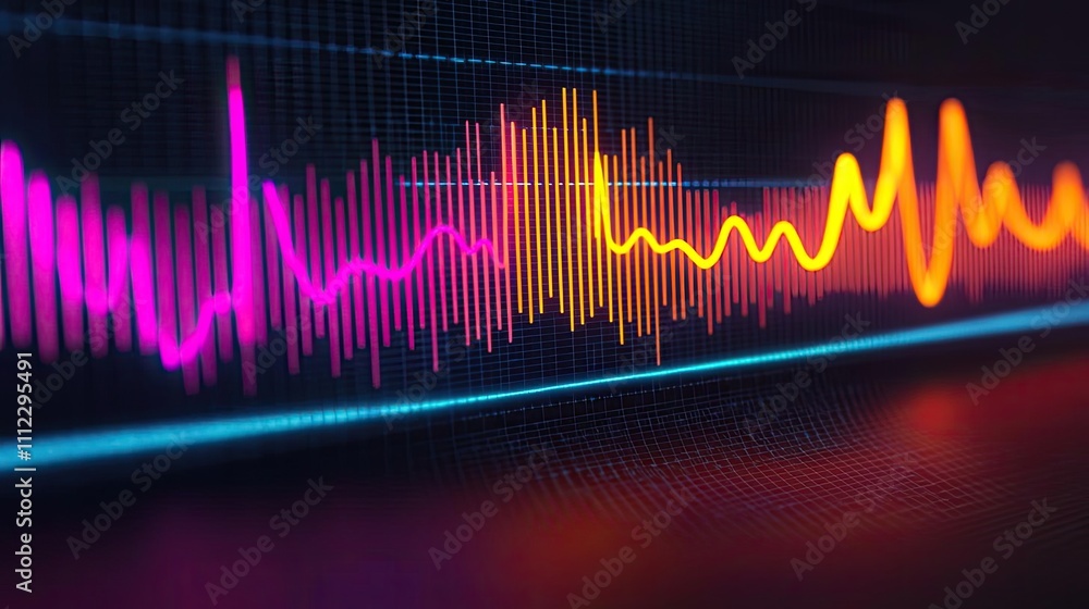 Poster vibrant sound wave visual representation in bright colors on a dark background.