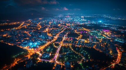 Night Cityscape Illuminated Buildings Roads And Lights