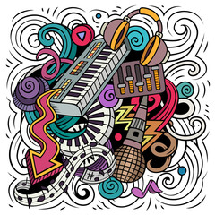 Cartoon vector doodles Disco music illustration. Funny, detailed, with lots of objects background.