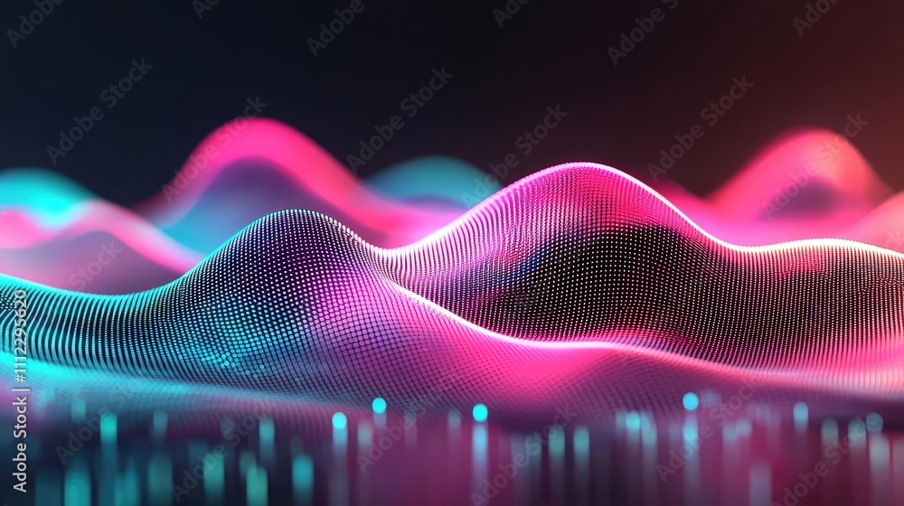 Poster abstract colorful wave patterns with neon lights on a dark background.