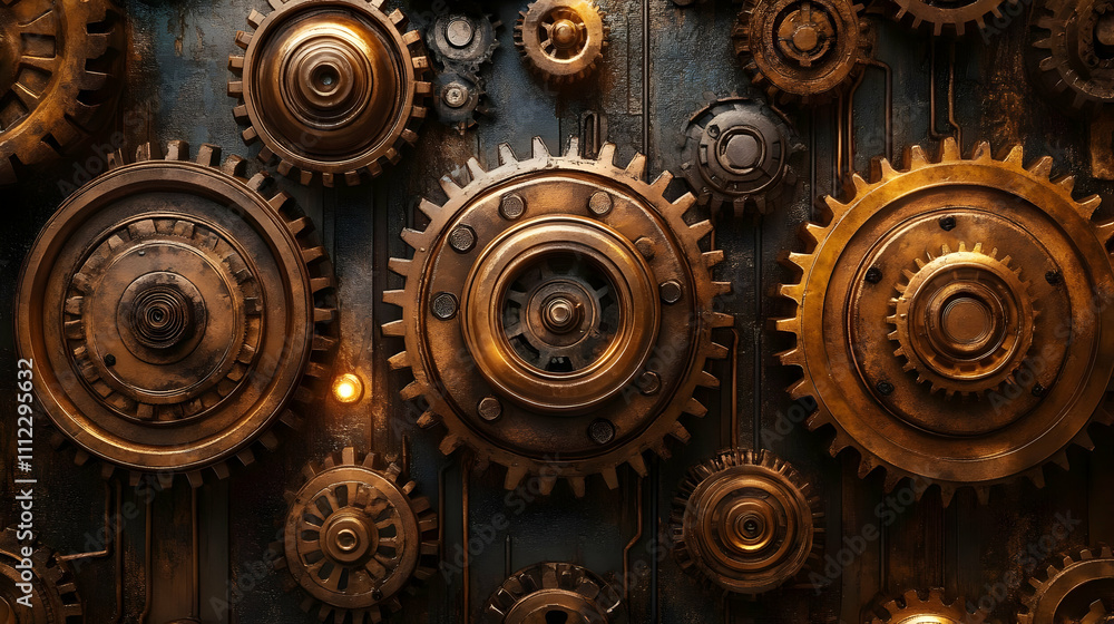 Poster Intricate Gears Interlock: A Steampunk Mechanism's Precise Movement
