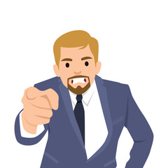 Angry man points finger at screen and screams furiously, blaming you for problems. Flat vector illustration isolated on white background