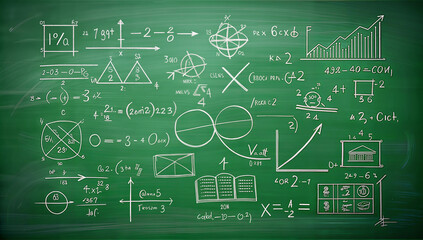 Green chalkboard with algebra and geometry formulas
