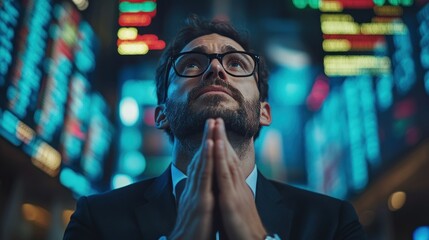 Business thinker under neon stock information display